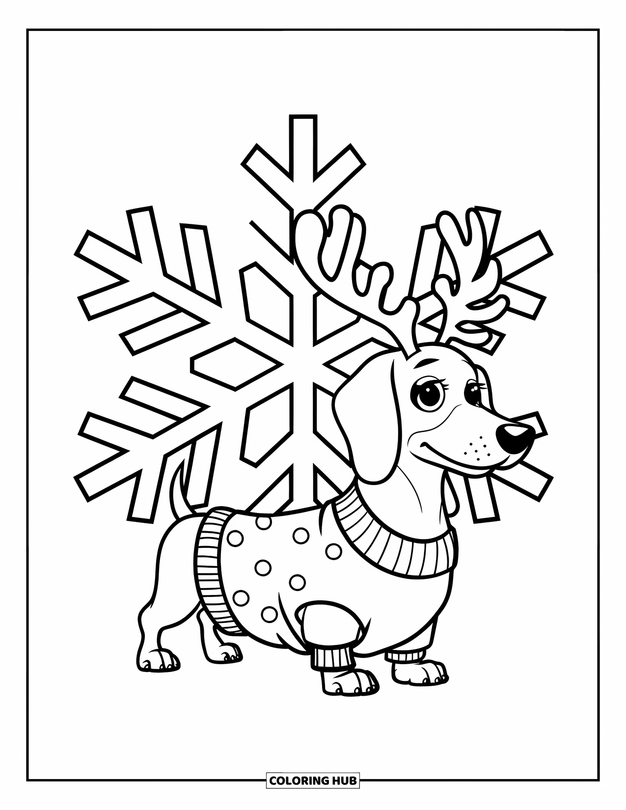 Christmas Dog Coloring Page for Kids: A Dachshund in antlers stands beside a snowflake wearing polka dots