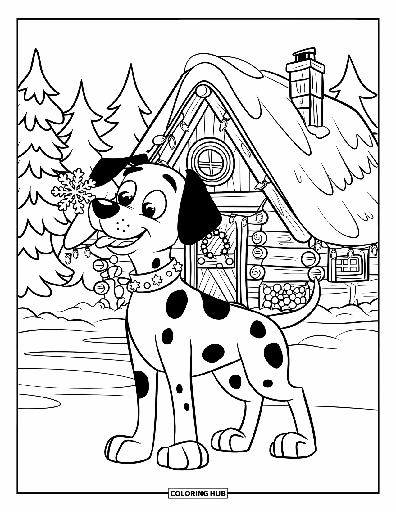 Christmas Dog Coloring Page for Kids: A Dalmatian catches a snowflake by a cabin wrapped in Christmas lights