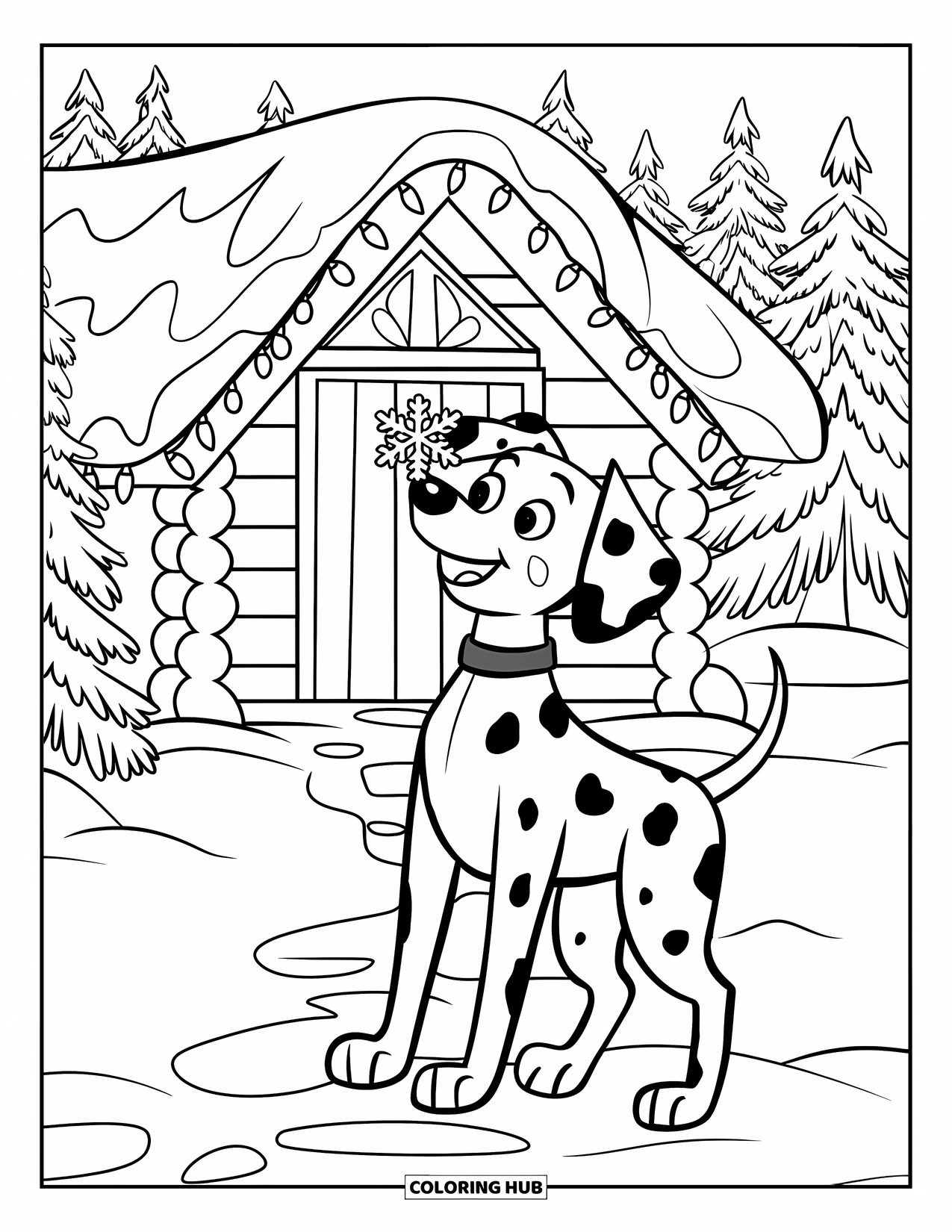Christmas Dog Coloring Page for Kids: A Dalmatian with a red collar catches a snowflake before a lit cabin