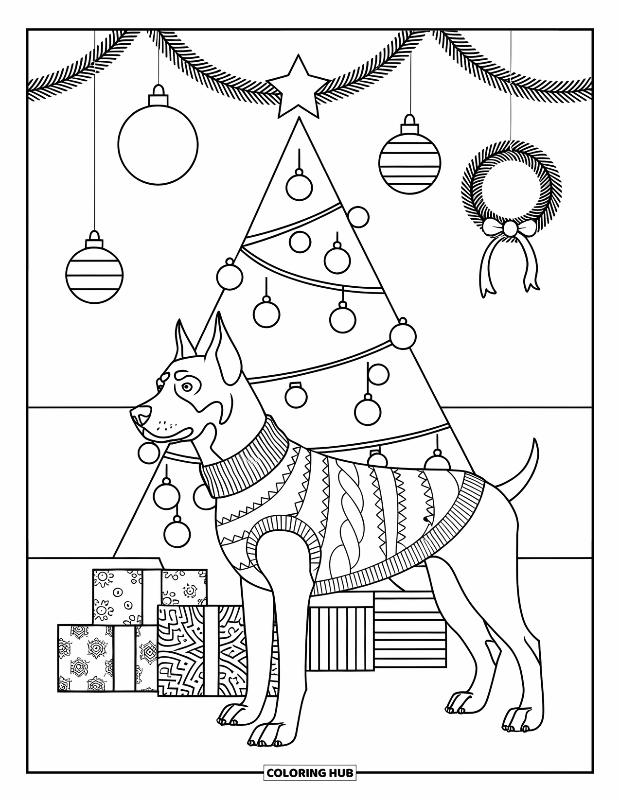 Christmas Dog Coloring Page for Kids: A Doberman in a sweater stands by a decorated tree with presents