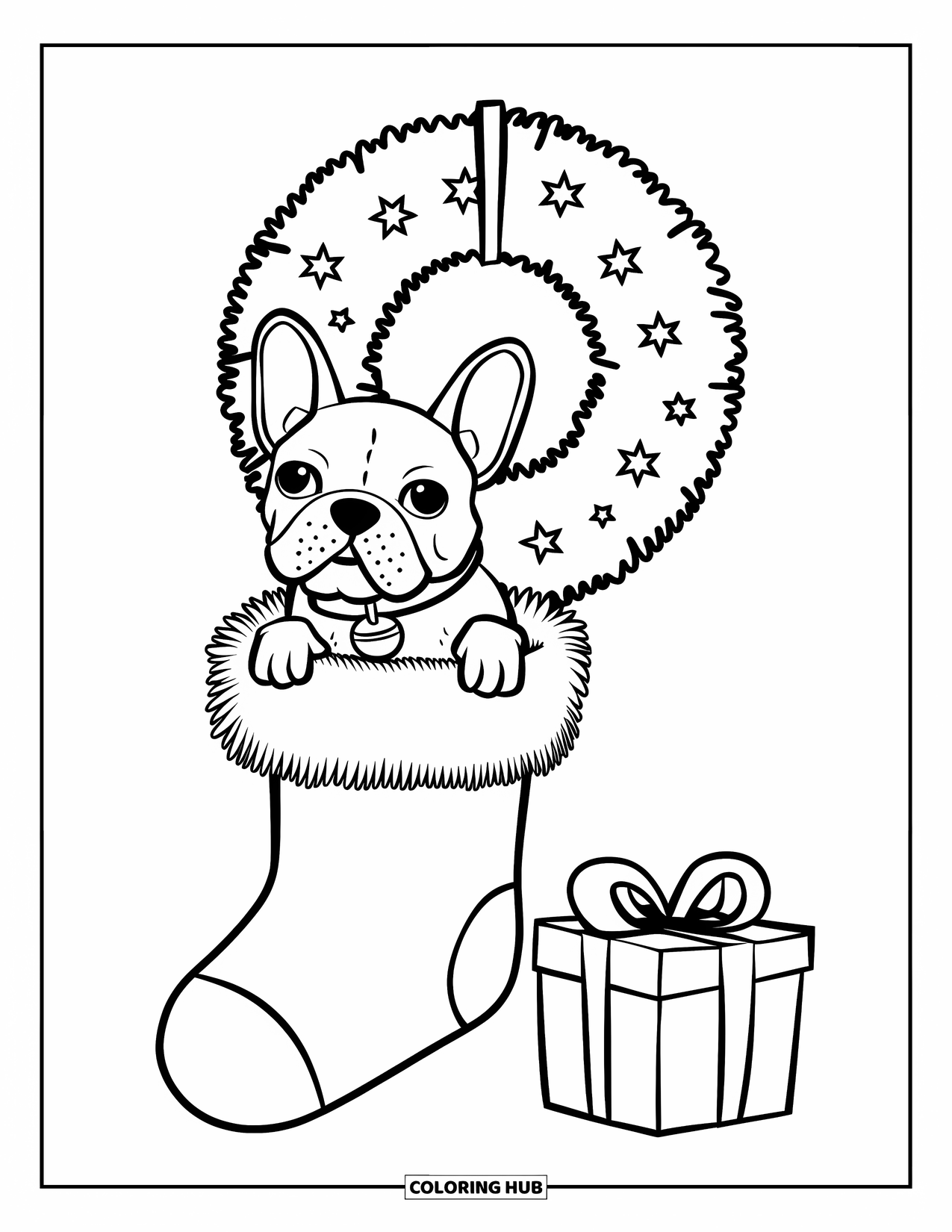 Christmas Dog Coloring Page for Kids: A French Bulldog sits inside a stocking hanging on a wall with a wreath