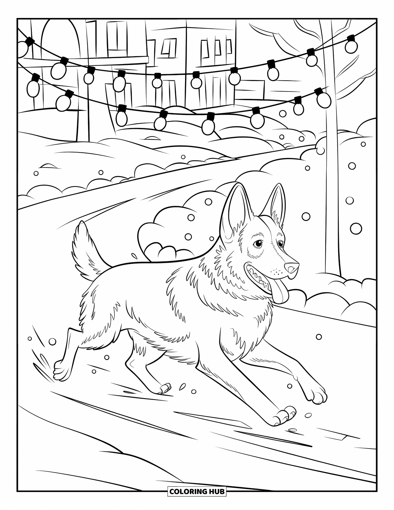 Christmas Dog Coloring Page for Kids: A German Shepherd runs through a snowy park decorated with lights