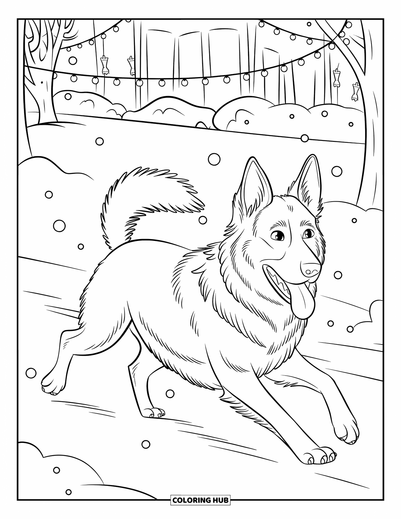 Christmas Dog Coloring Page for Kids: A German Shepherd runs through a snowy park with Christmas lights