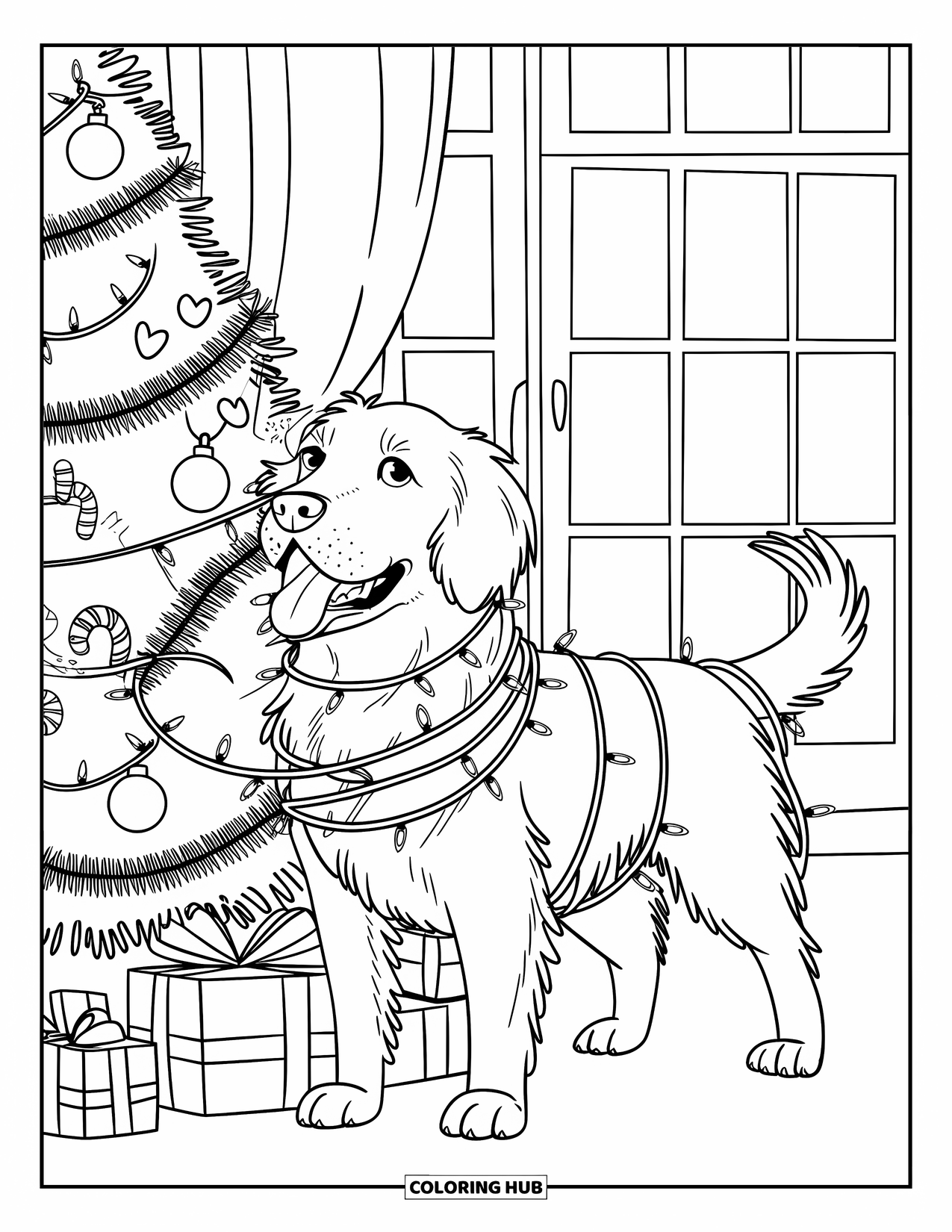 Christmas Dog Coloring Page for Kids: A Golden Retriever in a sweater tangled in lights stands by a tree