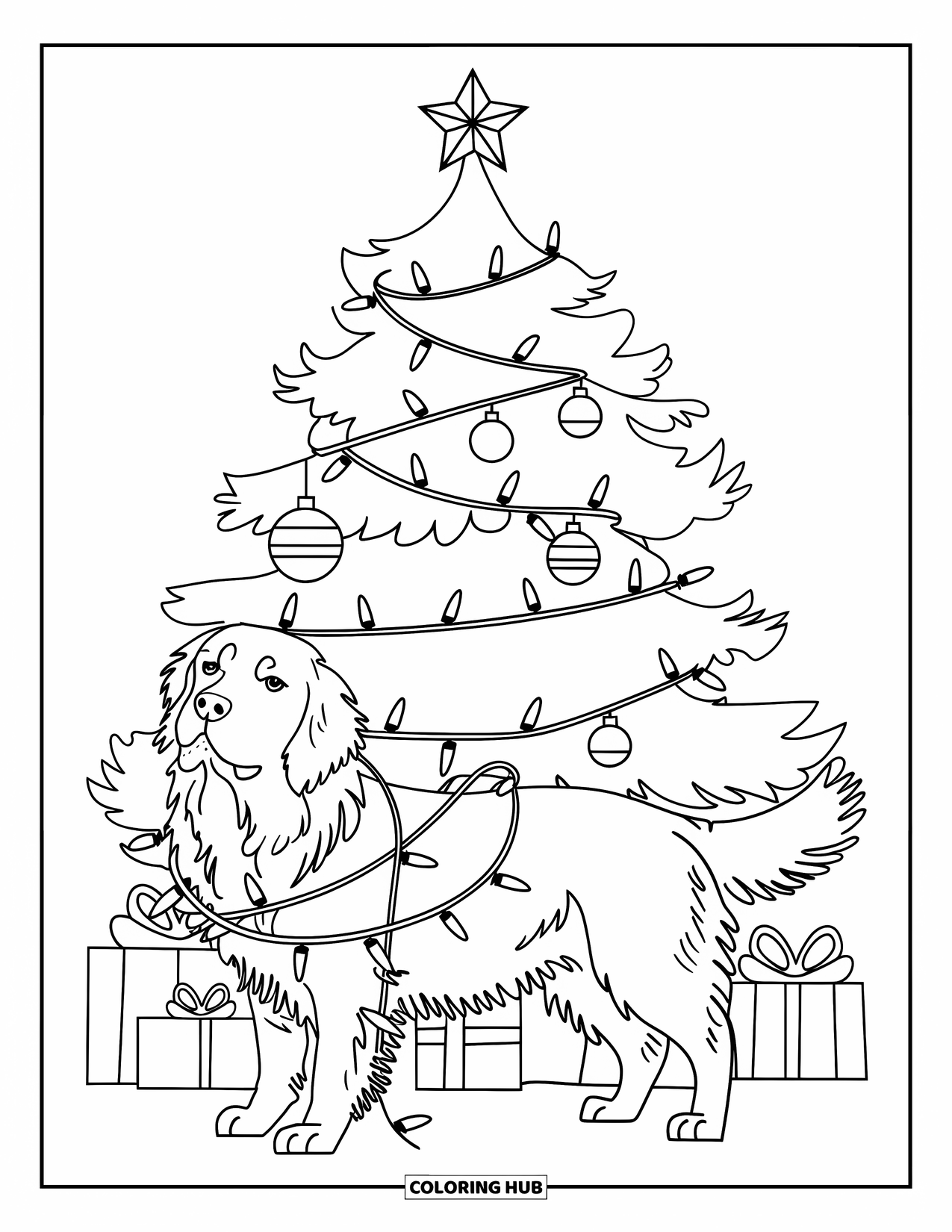 Christmas Dog Coloring Page for Kids: A Golden Retriever tangled in lights stands beside a decorated tree