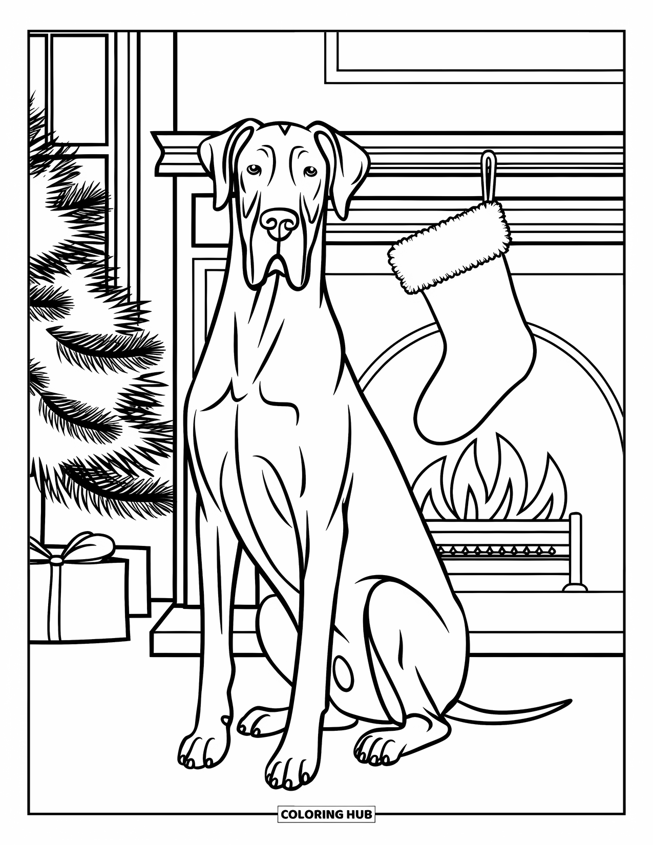 Christmas Dog Coloring Page for Kids: A Great Dane sits by a fireplace with stockings and a tree