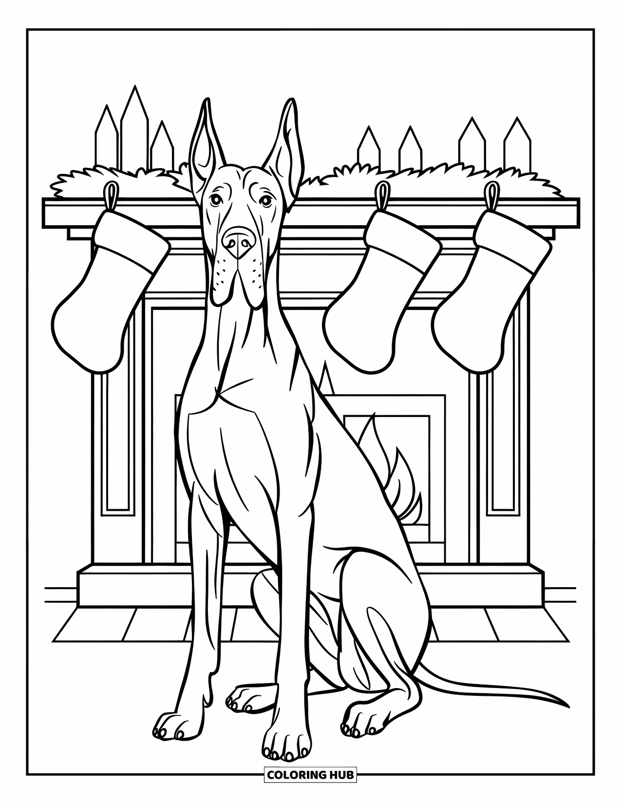 Christmas Dog Coloring Page for Kids: A Great Dane sits by a fireplace with stockings hanging above
