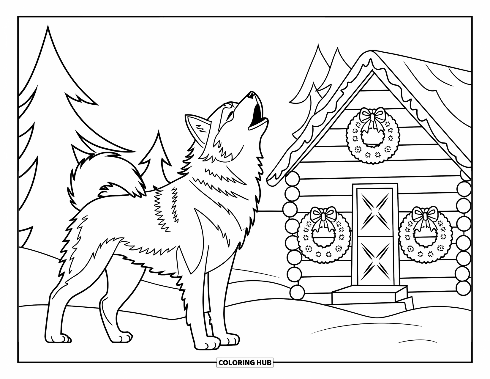 Christmas Dog Coloring Page for Kids: A Husky howls beside a snowy wooden cabin decorated with wreaths