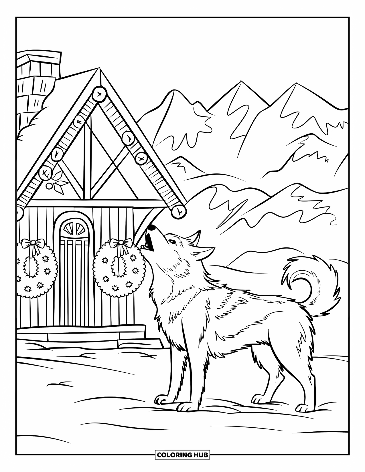 Christmas Dog Coloring Page for Kids: A Husky howls by a snowy cabin with wreaths and a chimney