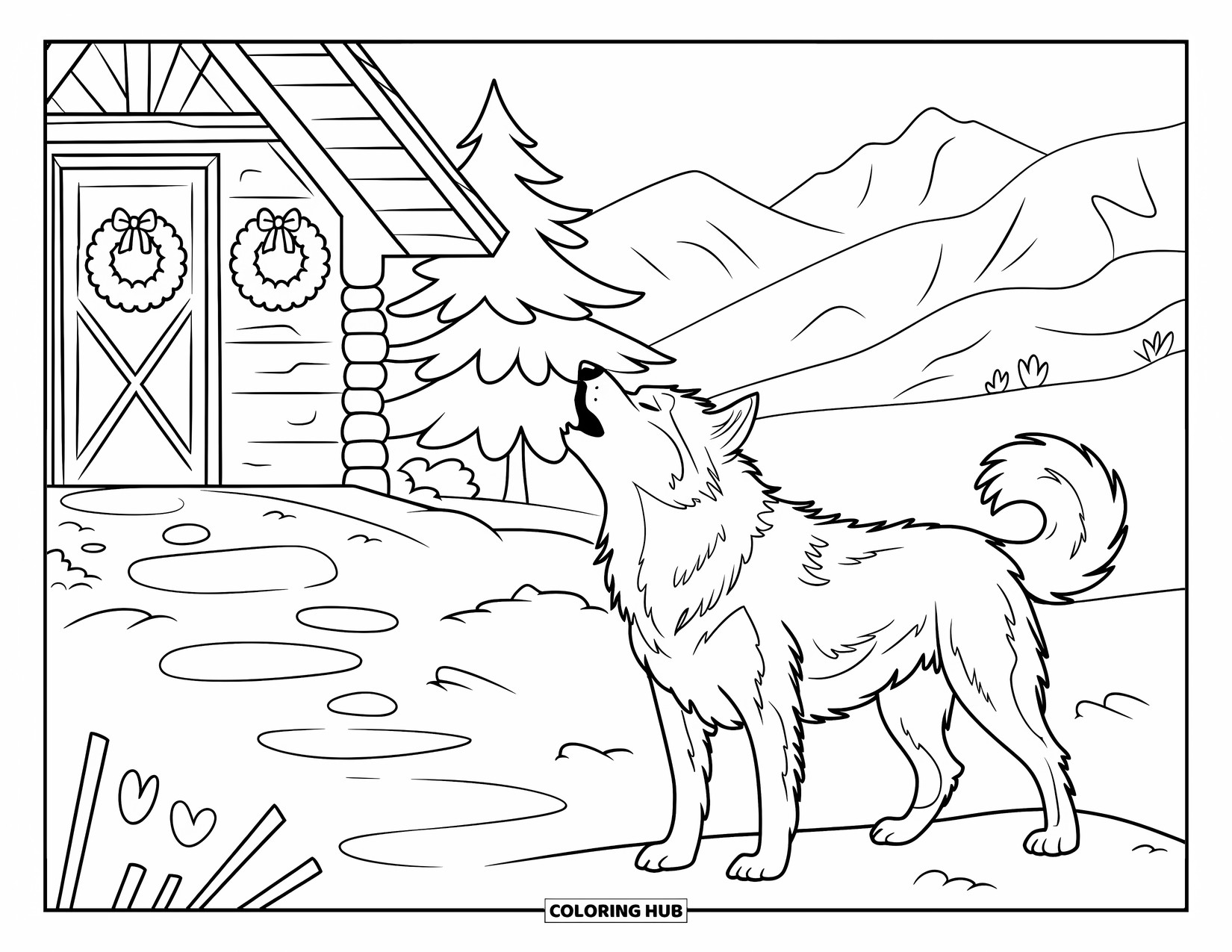 Christmas Dog Coloring Page for Kids: A Husky howls near a snowy log cabin with wreaths on the doors
