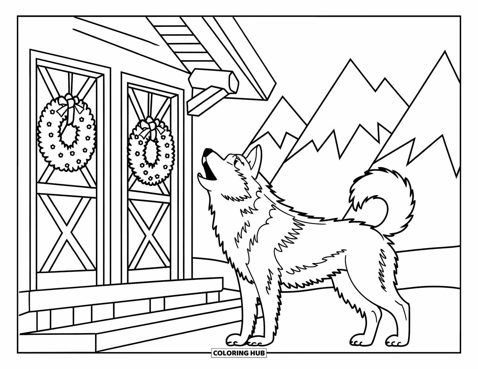 Christmas Dog Coloring Page for Kids: A Husky howls near a snowy mountain cabin with wreaths