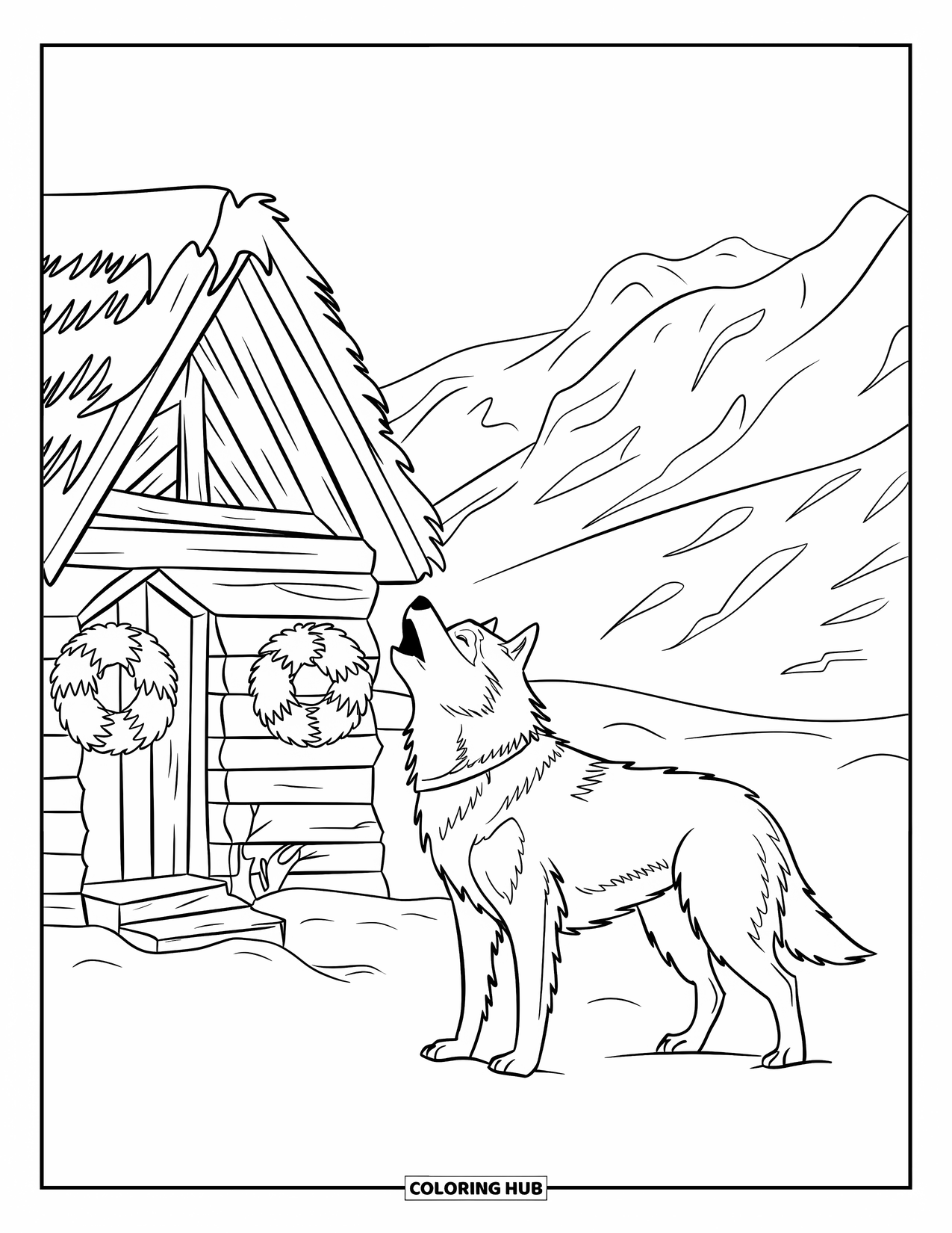 Christmas Dog Coloring Page for Kids: A Husky howls near a thatched cabin with wreaths and snowy peaks
