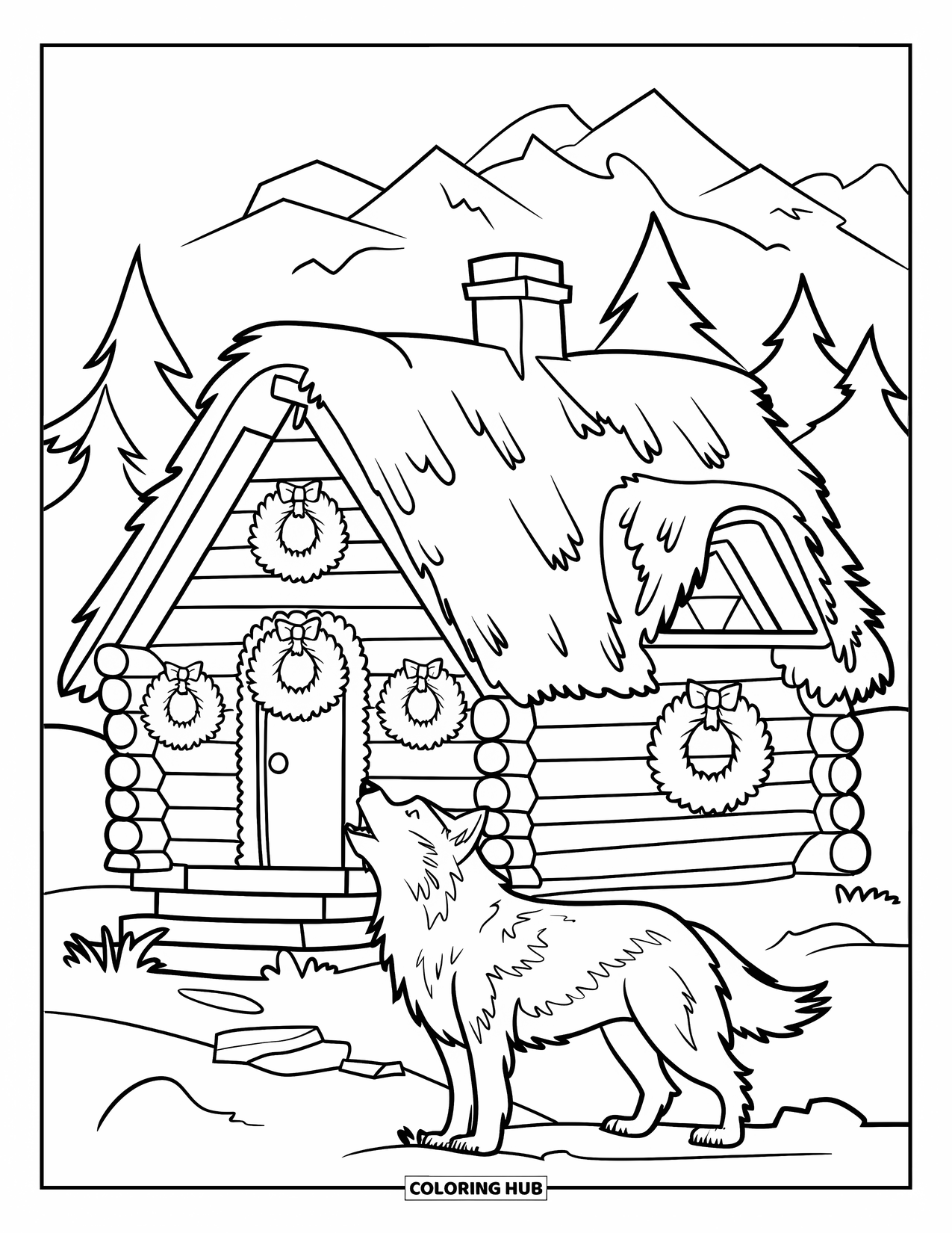 Christmas Dog Coloring Page for Kids: A Husky howls on a rock by a snowy cabin with wreaths