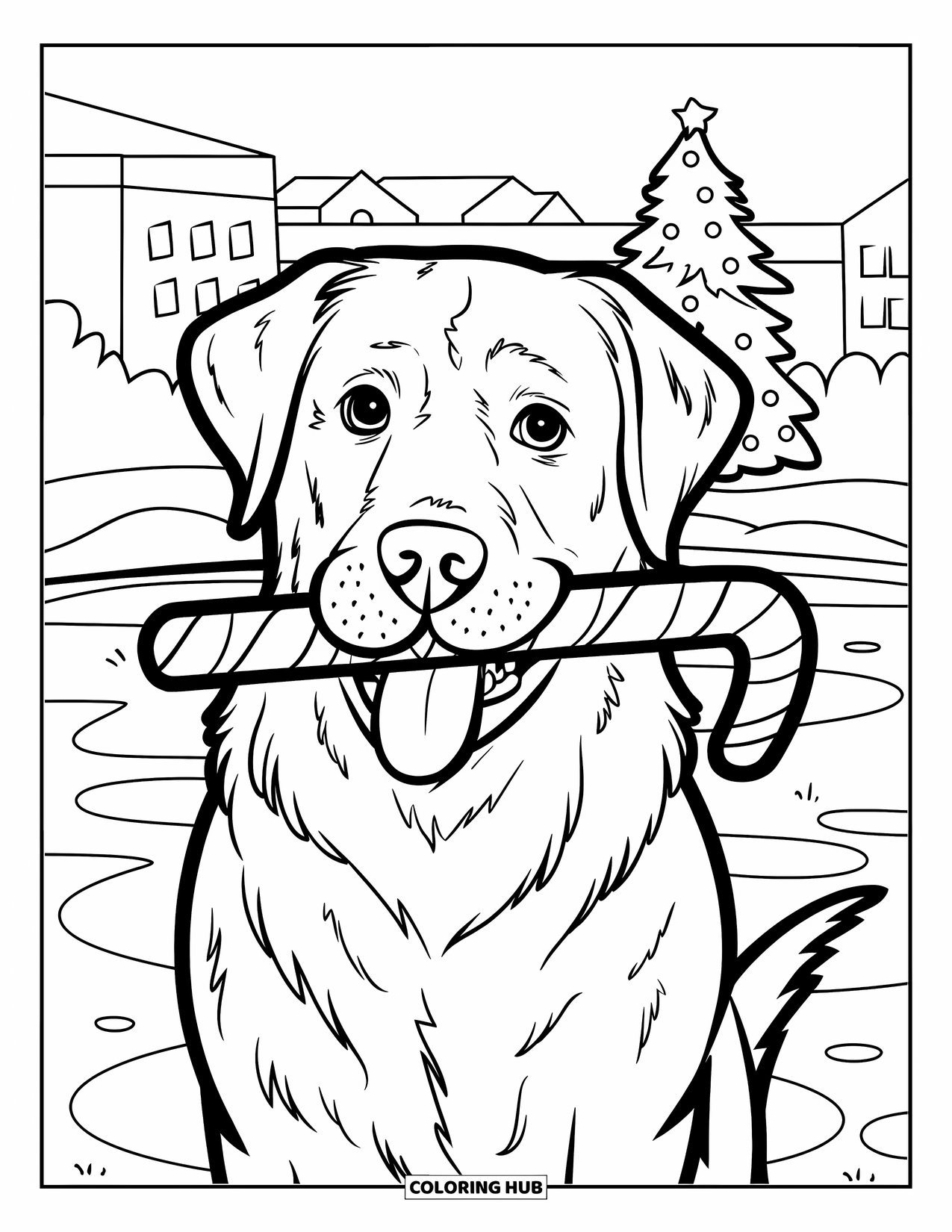 Christmas Dog Coloring Page for Kids: A Labrador holds a candy cane by a frozen pond with trees
