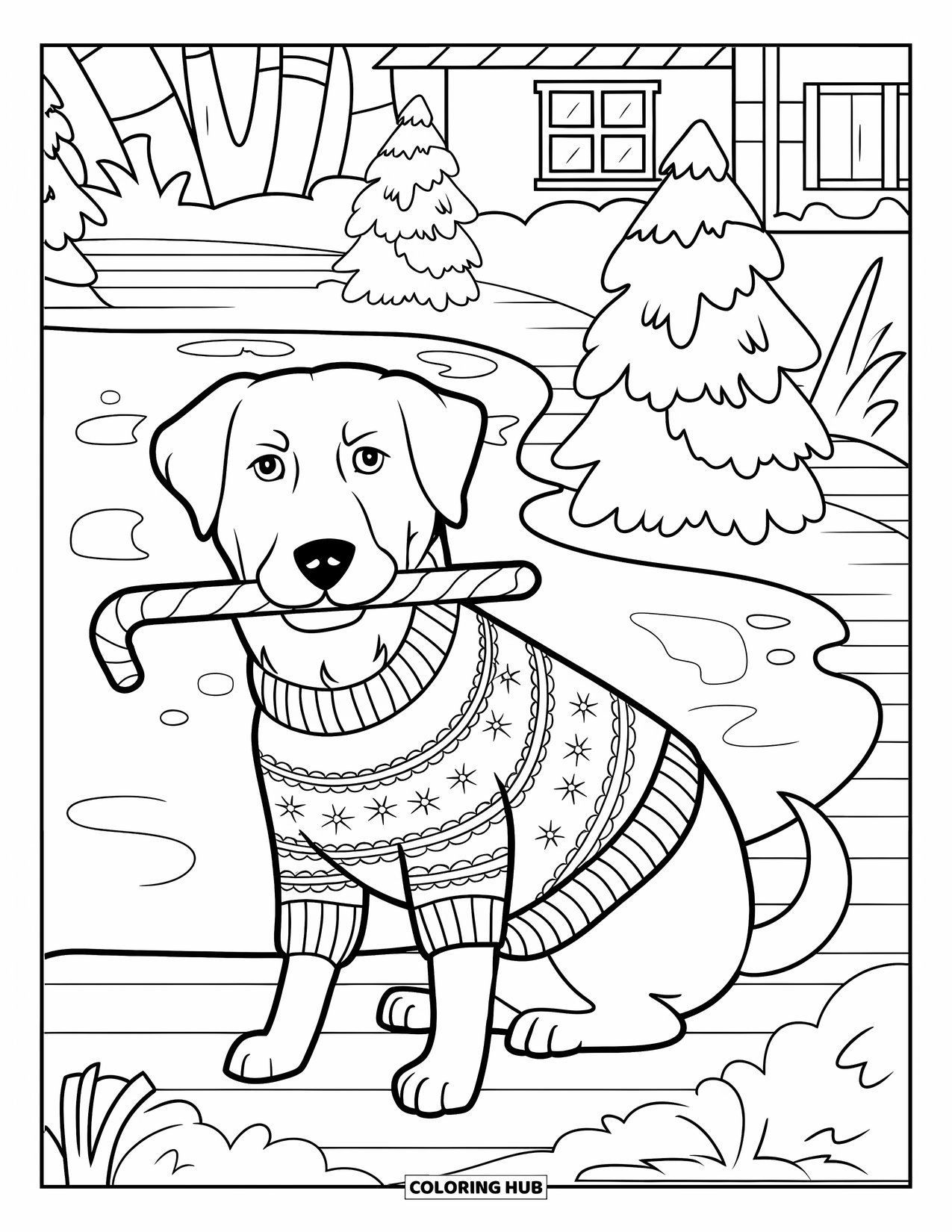 Christmas Dog Coloring Page for Kids: A Labrador in a Christmas sweater holds a candy cane near trees