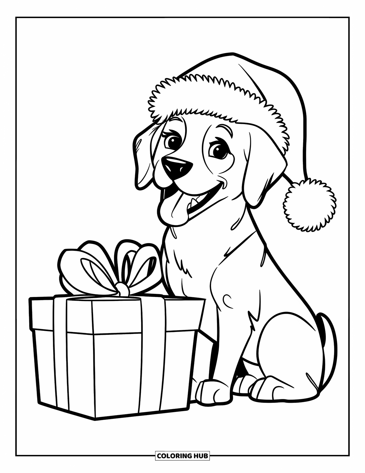 Christmas Dog Coloring Page for Kids: A Labrador in a Santa hat sits beside a gift box in the snow