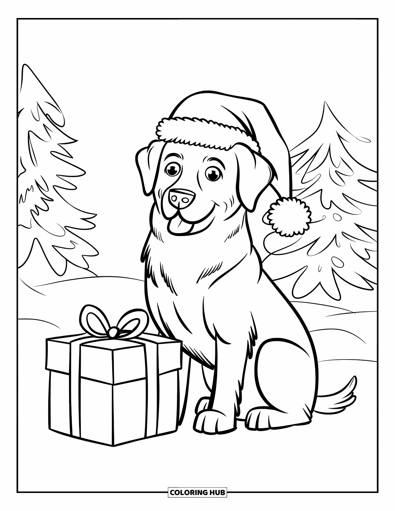 Christmas Dog Coloring Page for Kids: A Labrador in a Santa hat sits with a gift box near trees