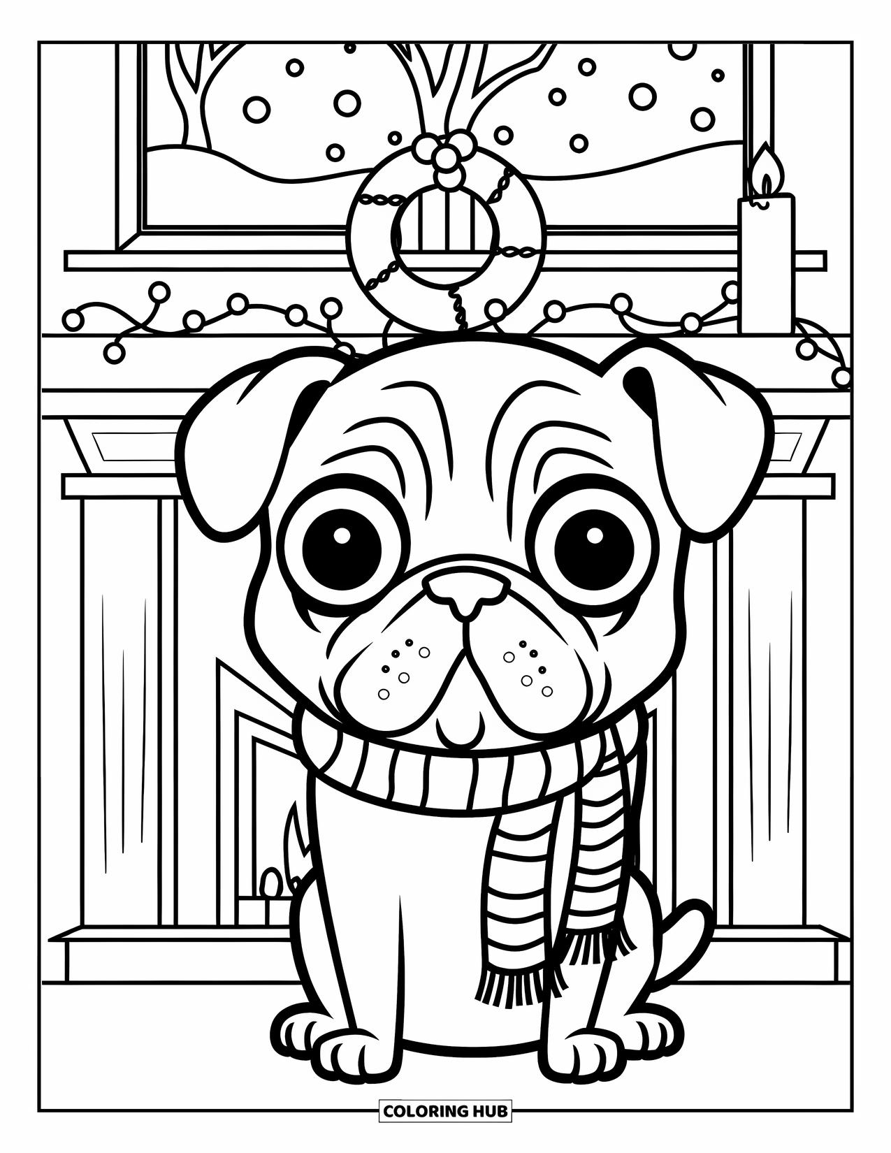 Christmas Dog Coloring Page for Kids: A Pug in a scarf sits by a fireplace with a snowy window view