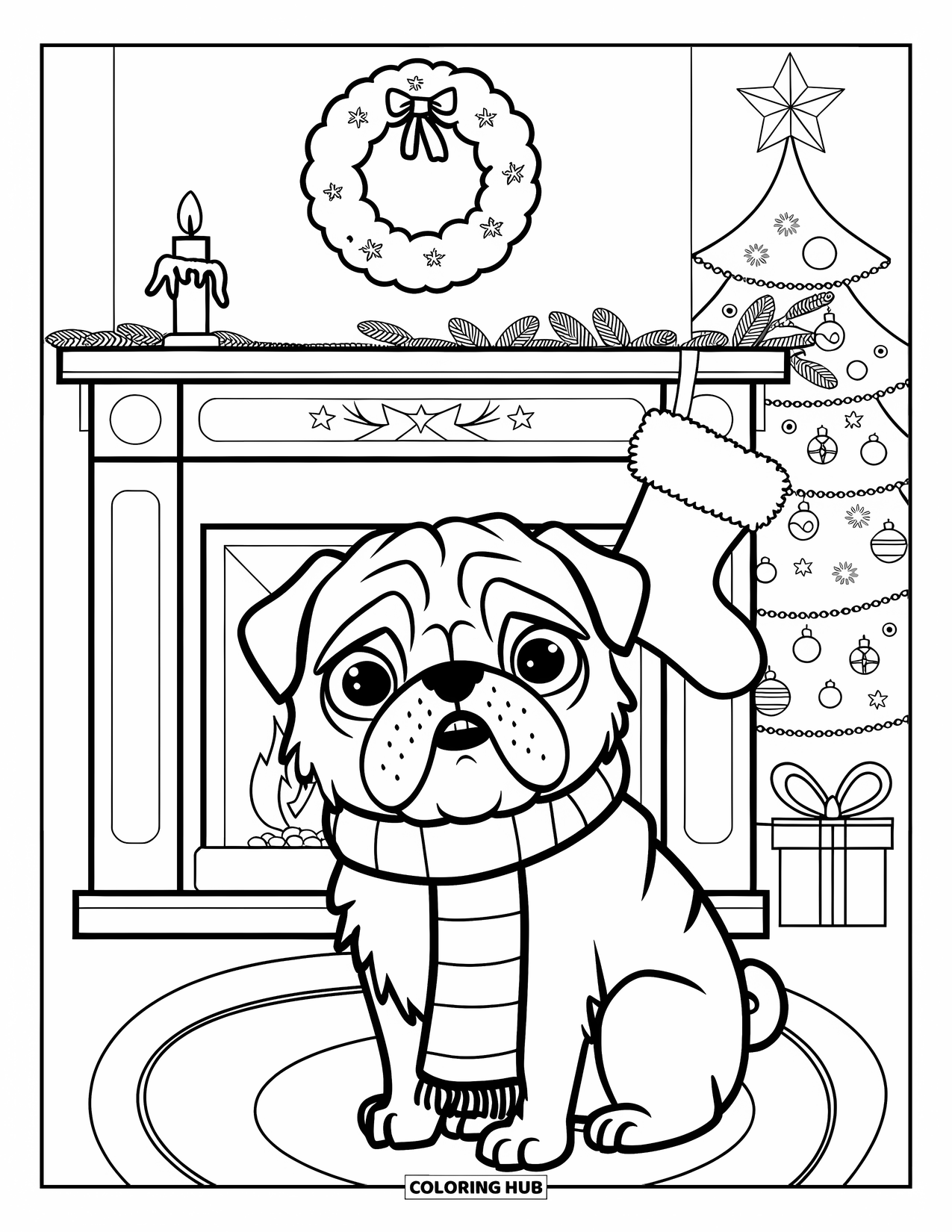 Christmas Dog Coloring Page for Kids: A Pug in a scarf sits by a fireplace with a tree and rug