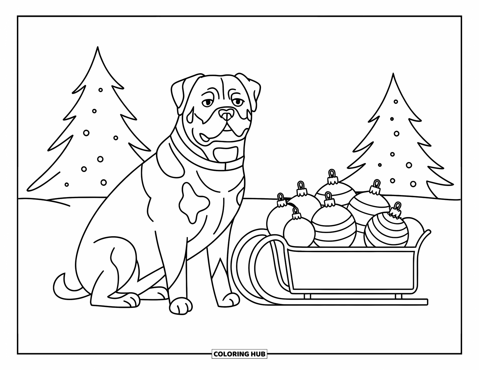 Christmas Dog Coloring Page for Kids: A Rottweiler in a red collar sits near a sled of ornaments