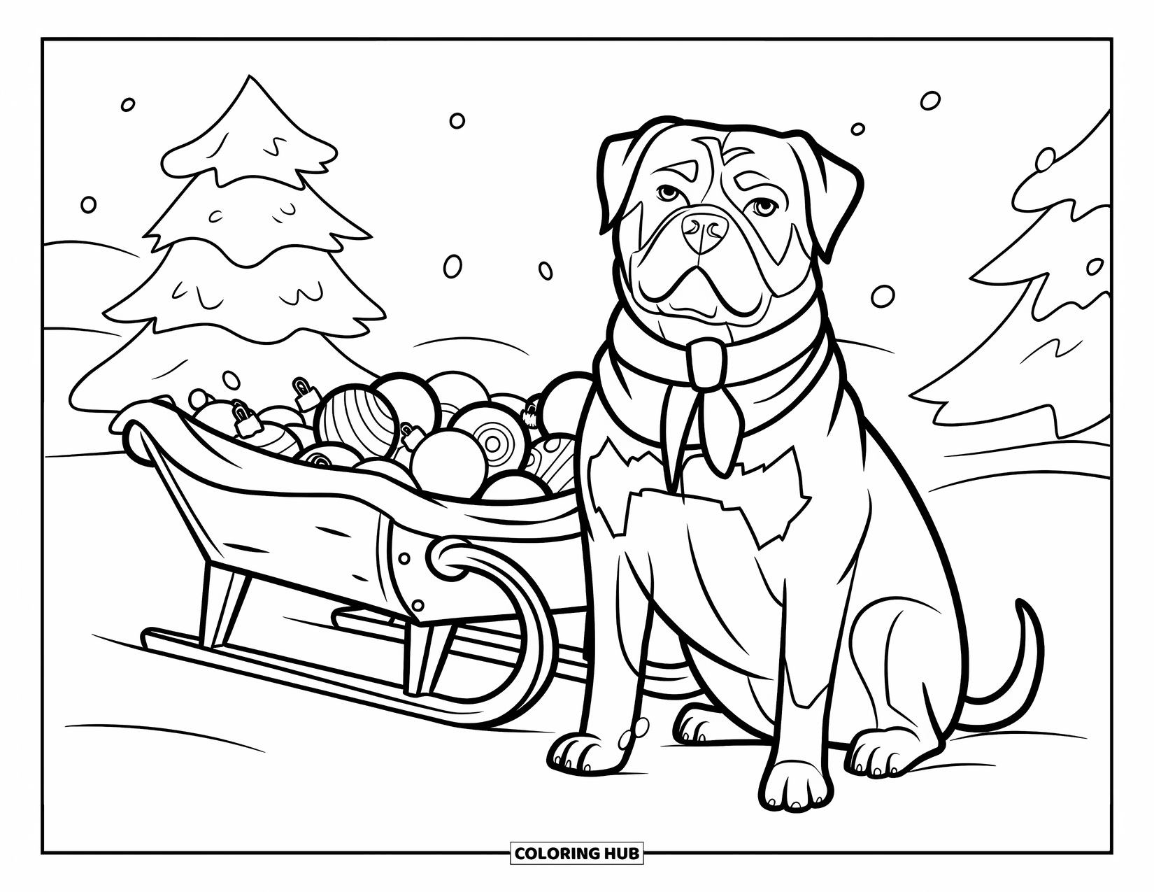 Christmas Dog Coloring Page for Kids: A Rottweiler in a scarf sits near a sled covered with snow