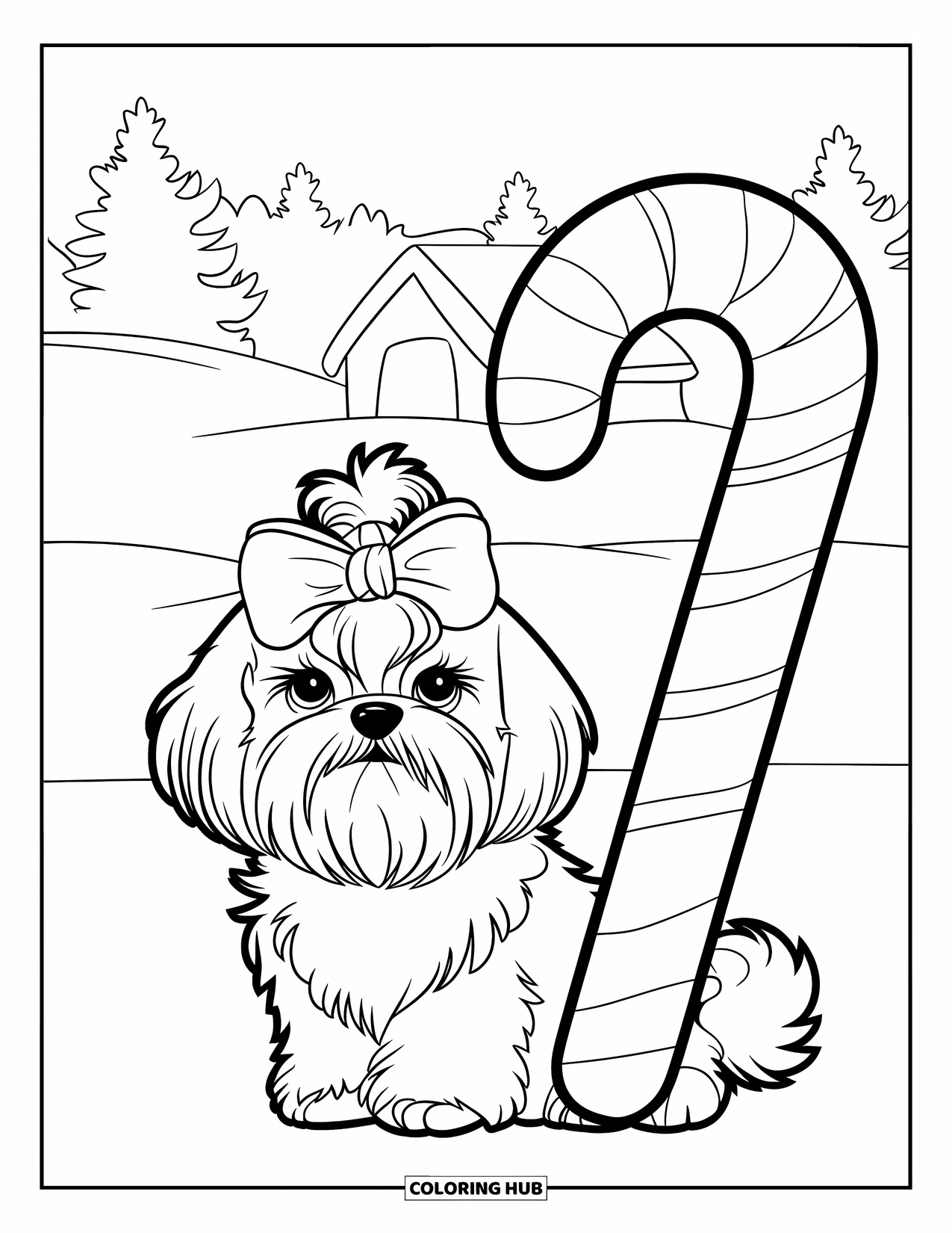 Christmas Dog Coloring Page for Kids: A Shih Tzu with a bow sits beside a candy cane in the snow