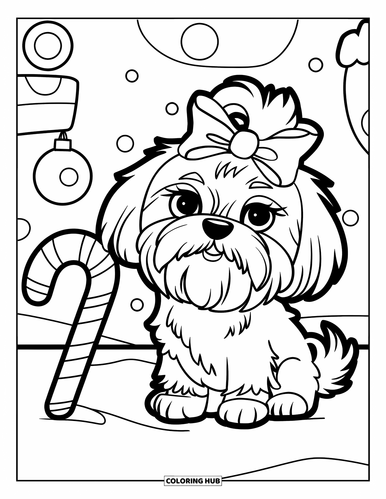 Christmas Dog Coloring Page for Kids: A Shih Tzu with a bow sits on snowy ground near decorations