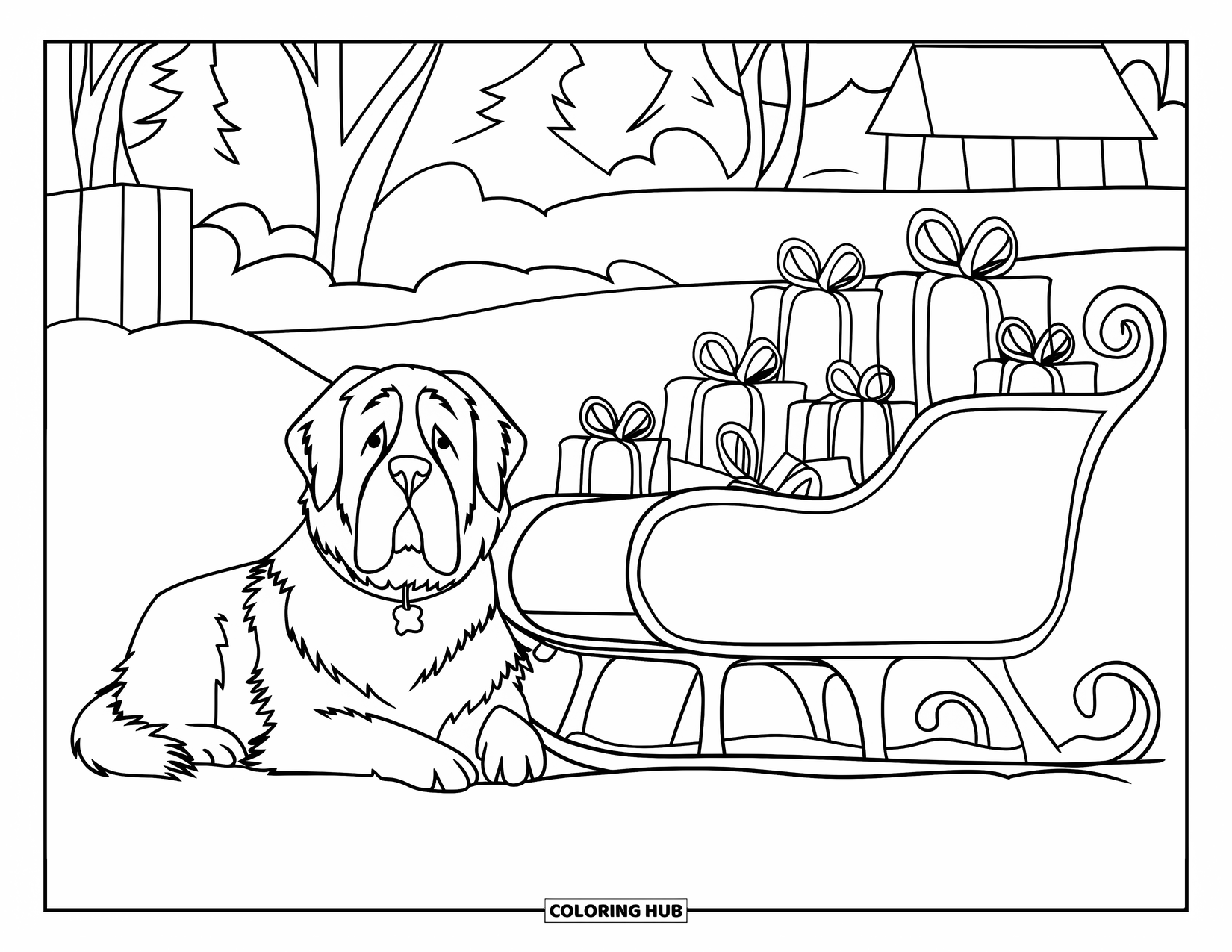 Christmas Dog Coloring Page for Kids: A St. Bernard lies beside a sleigh of presents in a snowy field