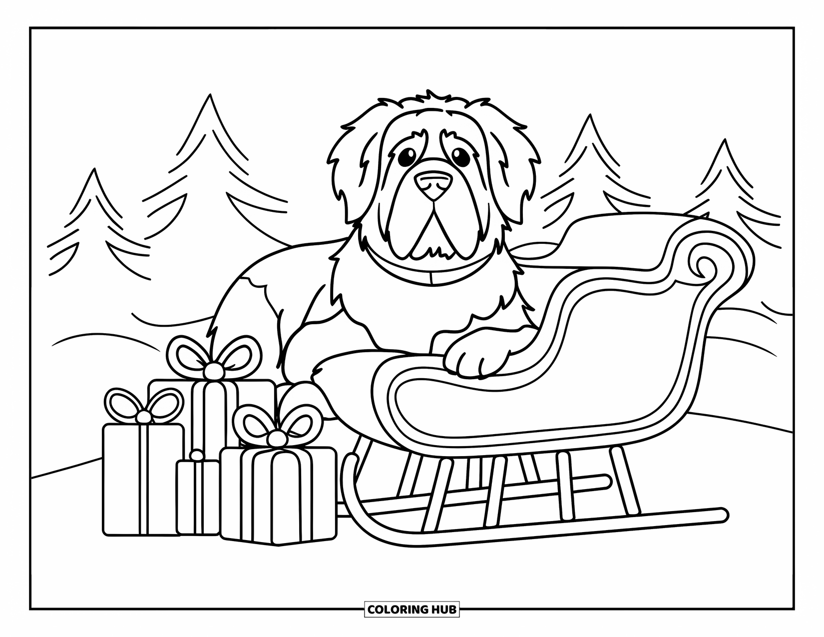 Christmas Dog Coloring Page for Kids: A St. Bernard rests with a sleigh of ribboned gifts in the snow