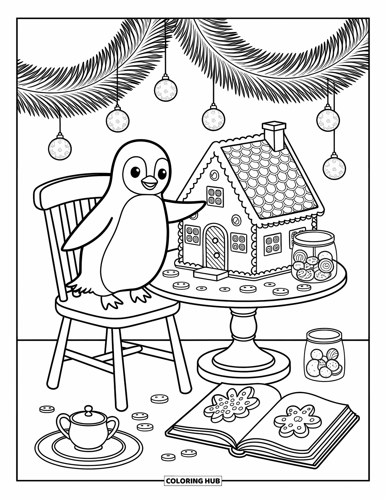 Christmas Penguin Coloring Page for Adults: A penguin adds sweets to a gingerbread house on a kitchen table
