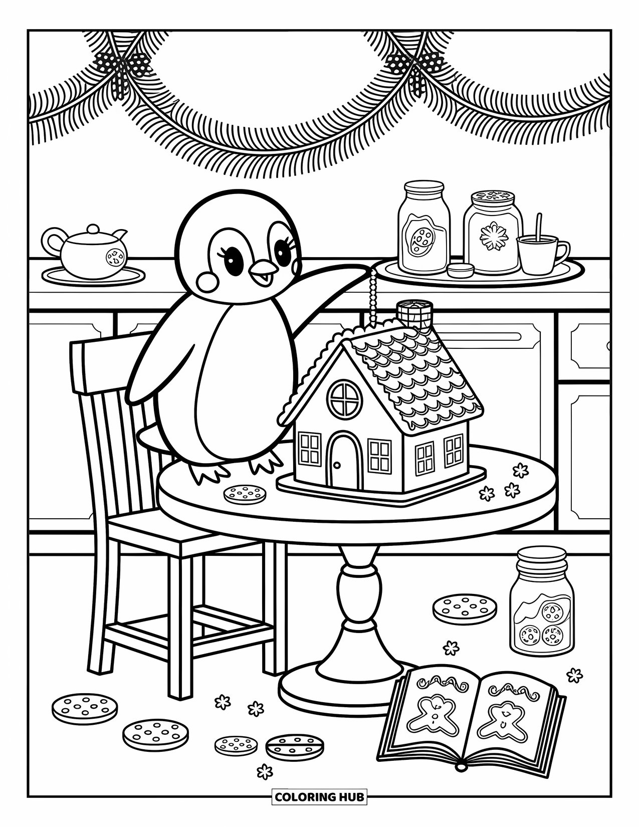 Christmas Penguin Coloring Page for Adults: A penguin decorates a gingerbread house while standing on a chair