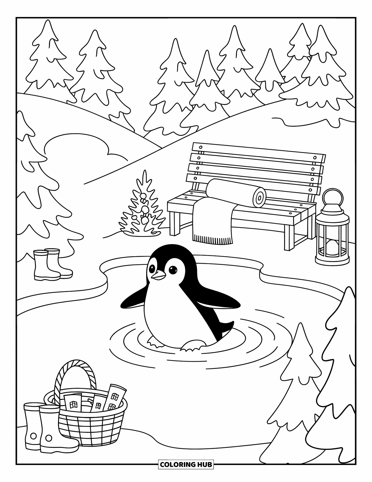 Christmas Penguin Coloring Page for Adults: A penguin glides across a frozen pond near a bench and lantern