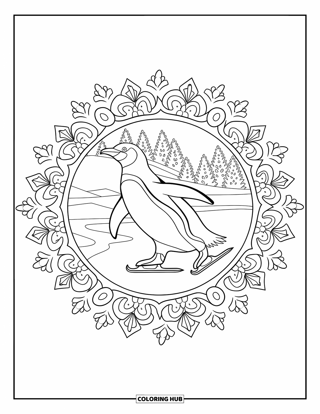 Christmas Penguin Coloring Page for Adults: A penguin glides across a pond encircled by winter blossoms