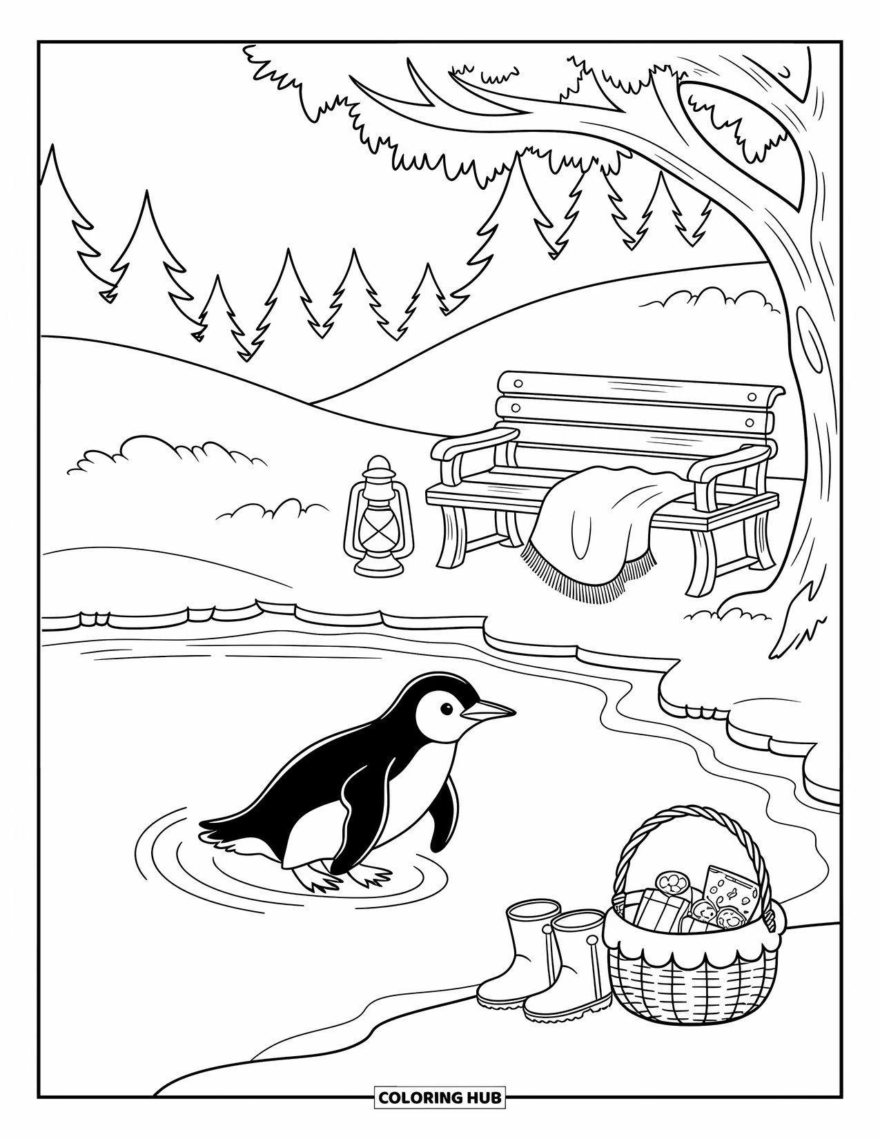 Christmas Penguin Coloring Page for Adults: A penguin glides on ice near a bench with a blanket and snacks