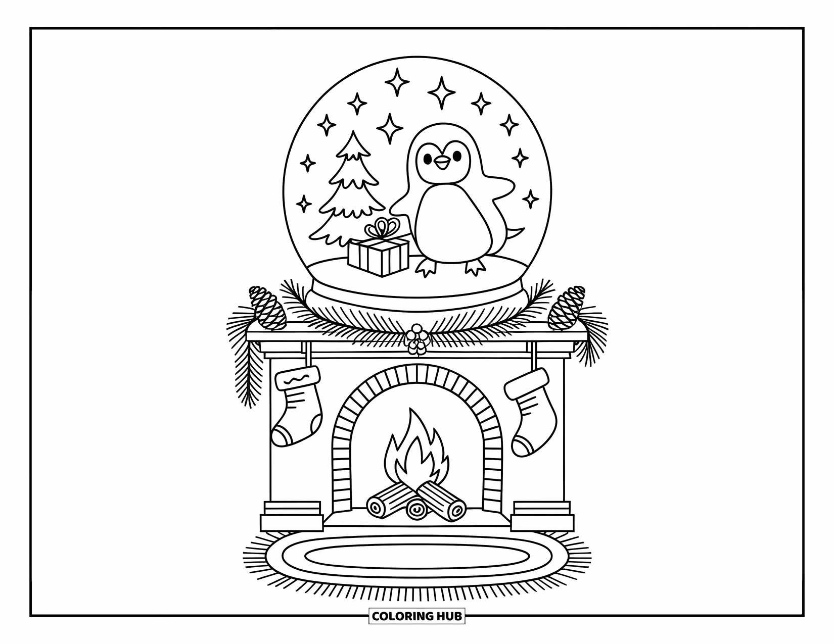 Christmas Penguin Coloring Page for Adults: A penguin holds a gift beside a tree inside a glowing snow globe