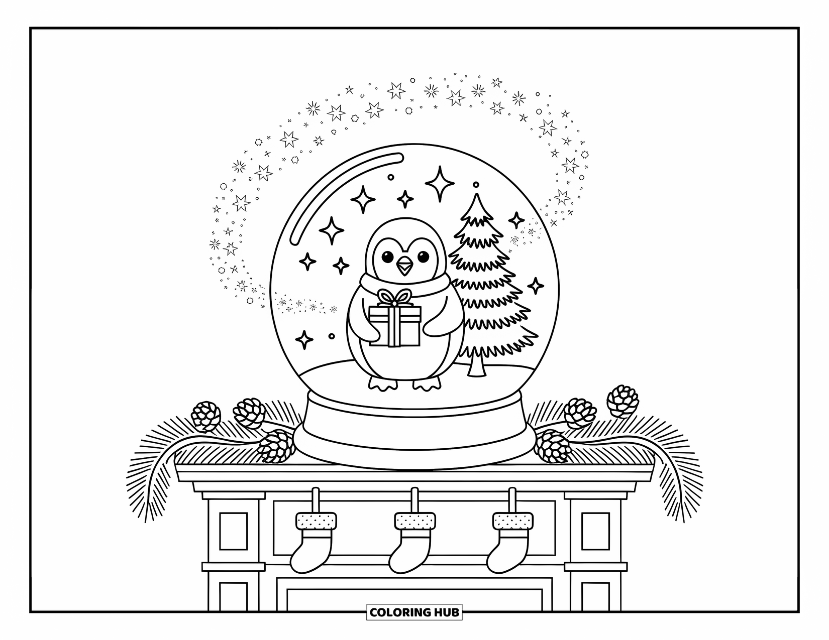 Christmas Penguin Coloring Page for Adults: A penguin holds a gift inside a snow globe on a decorated mantle