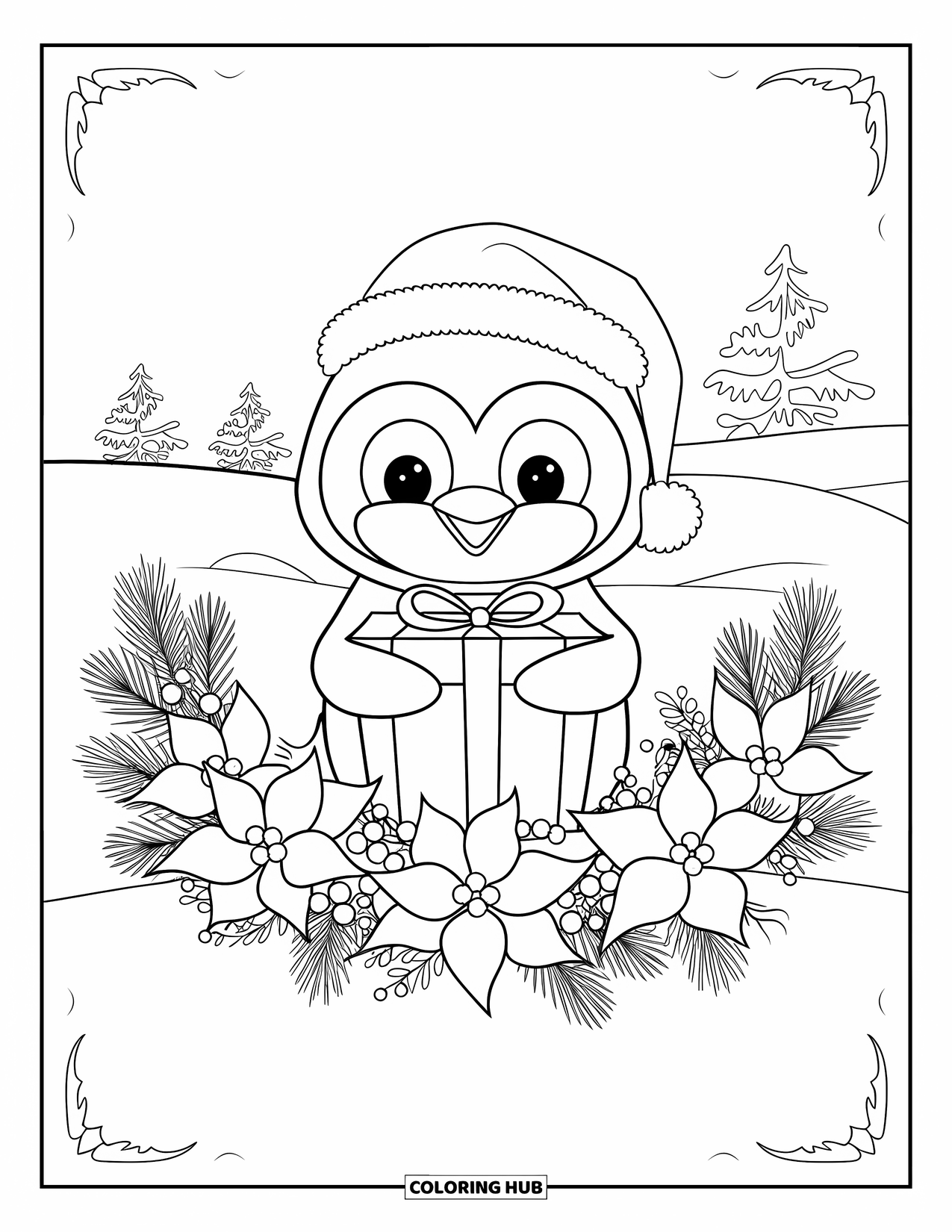 Christmas Penguin Coloring Page for Adults: A penguin holds a gift inside a wreath with pine and flowers