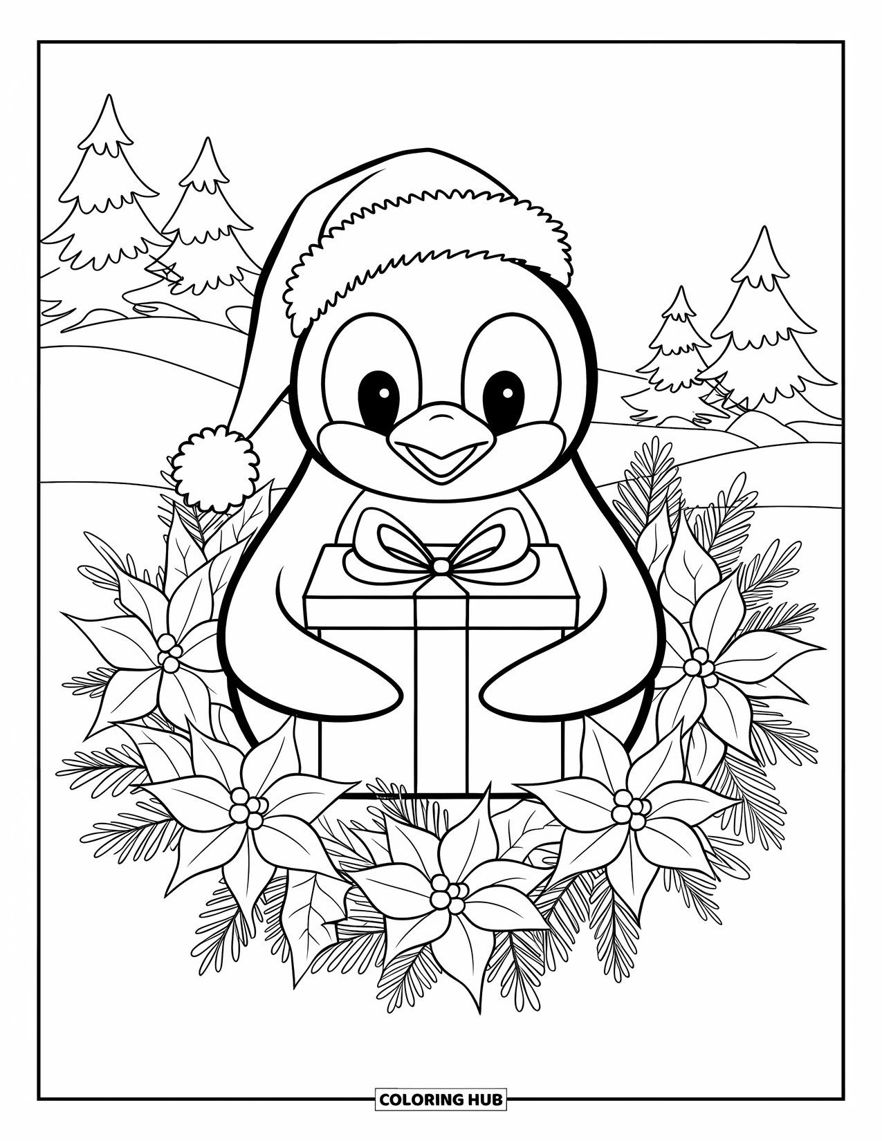Christmas Penguin Coloring Page for Adults: A penguin in a Santa hat holds a gift inside a wreath