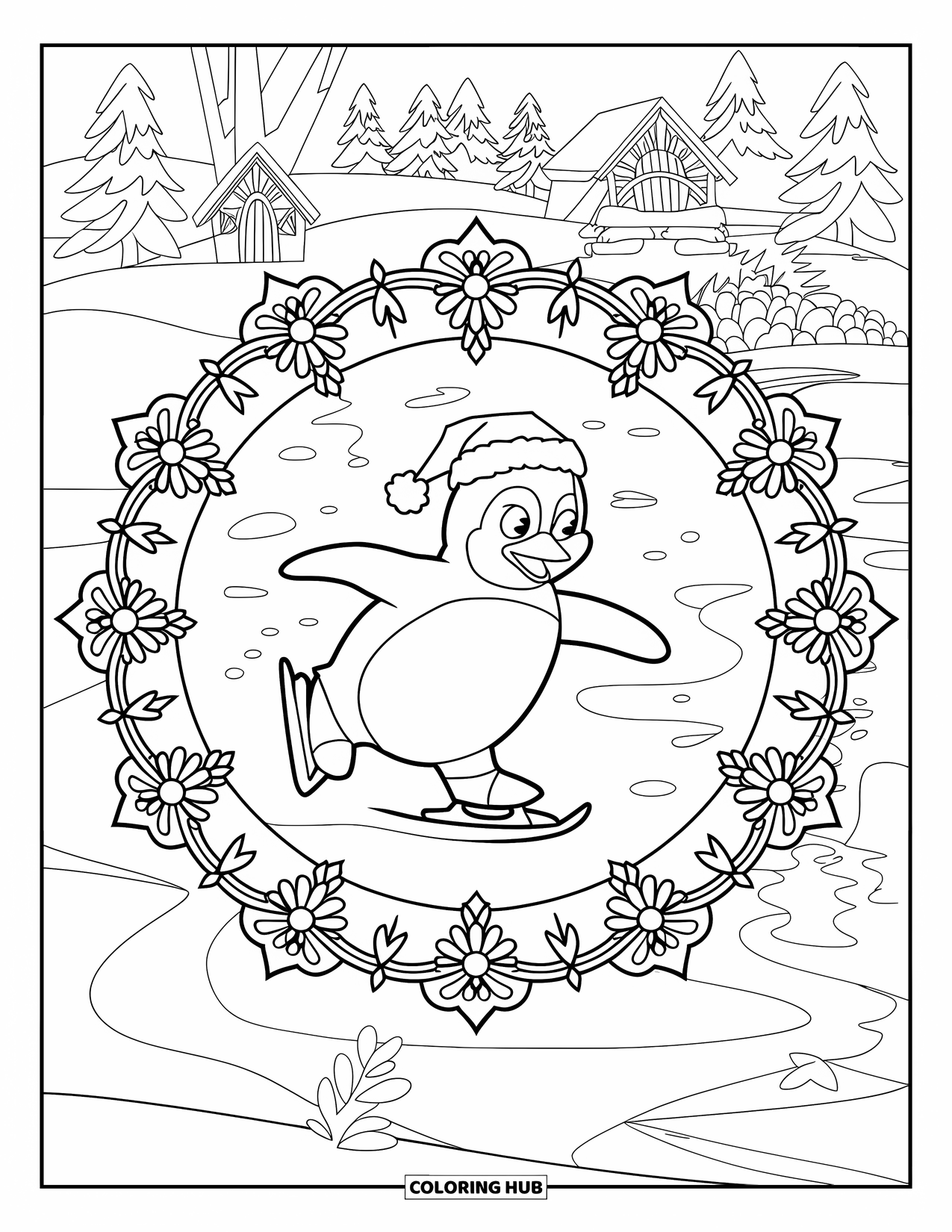 Christmas Penguin Coloring Page for Adults: A penguin in a Santa hat skates across a floral pond mandala
