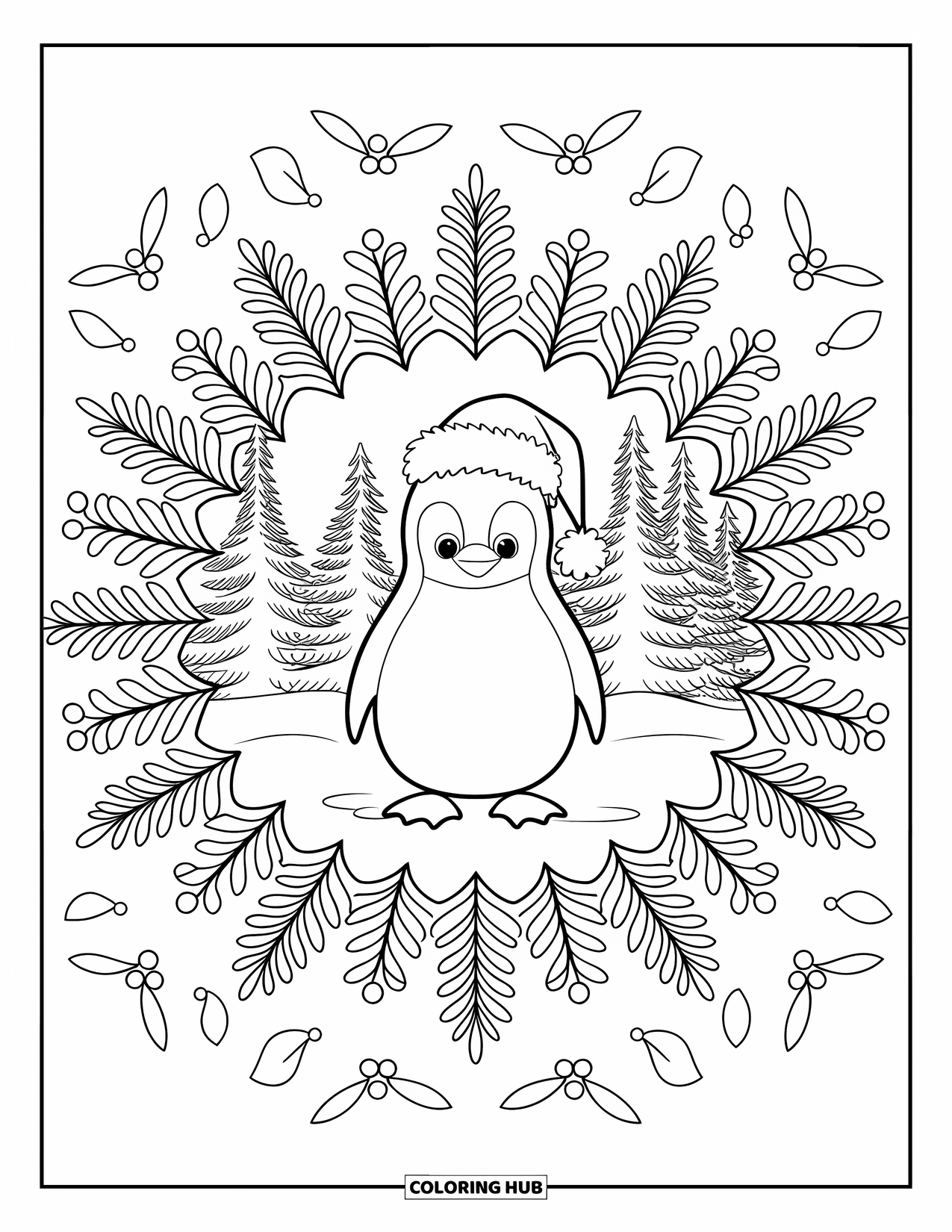 Christmas Penguin Coloring Page for Adults: A penguin in a Santa hat stands at the center of pine leaves
