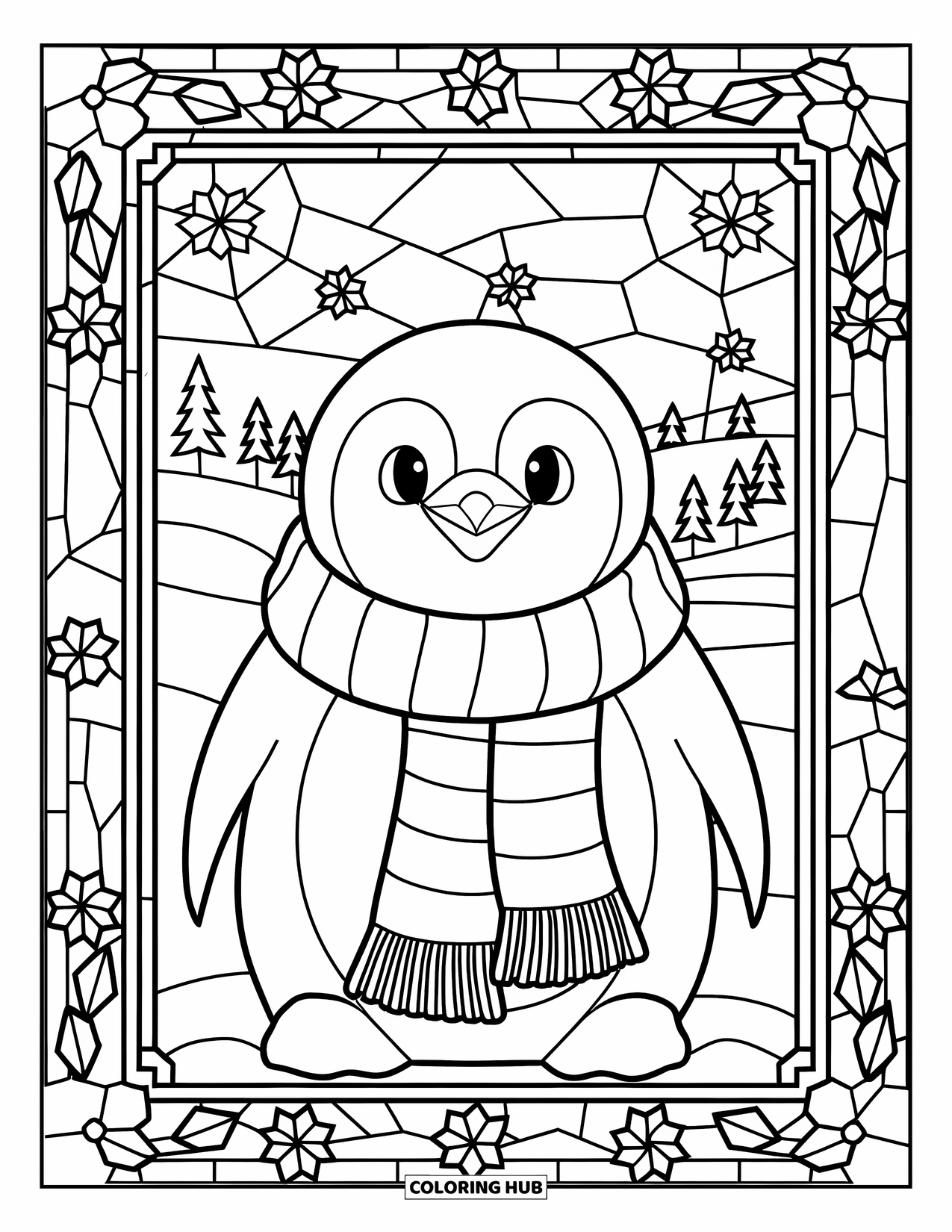 Christmas Penguin Coloring Page for Adults: A penguin in a scarf sits within stained glass holly and snowflakes