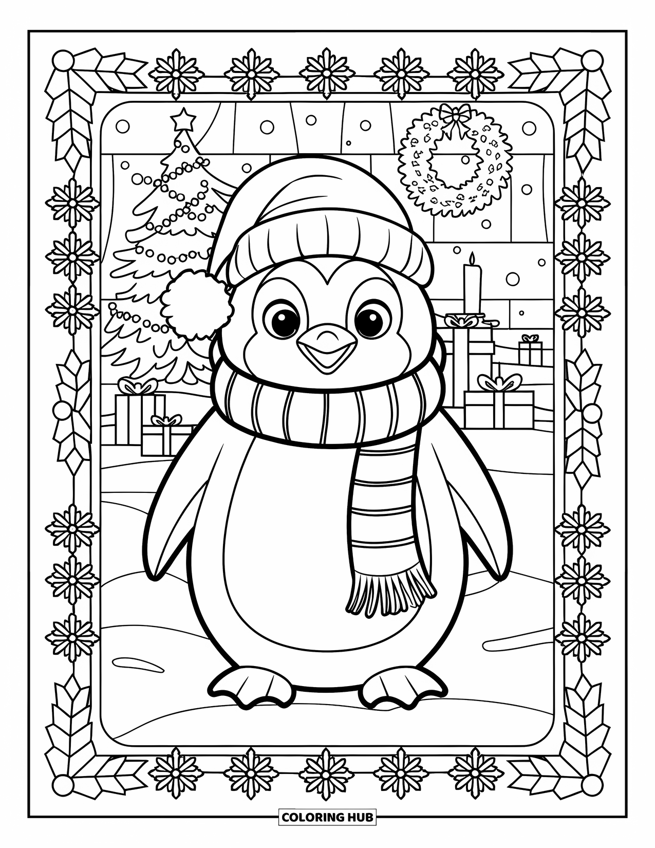 Christmas Penguin Coloring Page for Adults: A penguin in a scarf stands framed by holly and snowy patterns