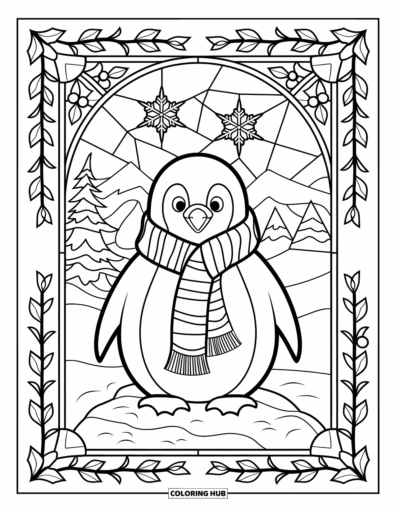 Christmas Penguin Coloring Page for Adults: A penguin in a thick scarf sits framed by snowflakes and holly