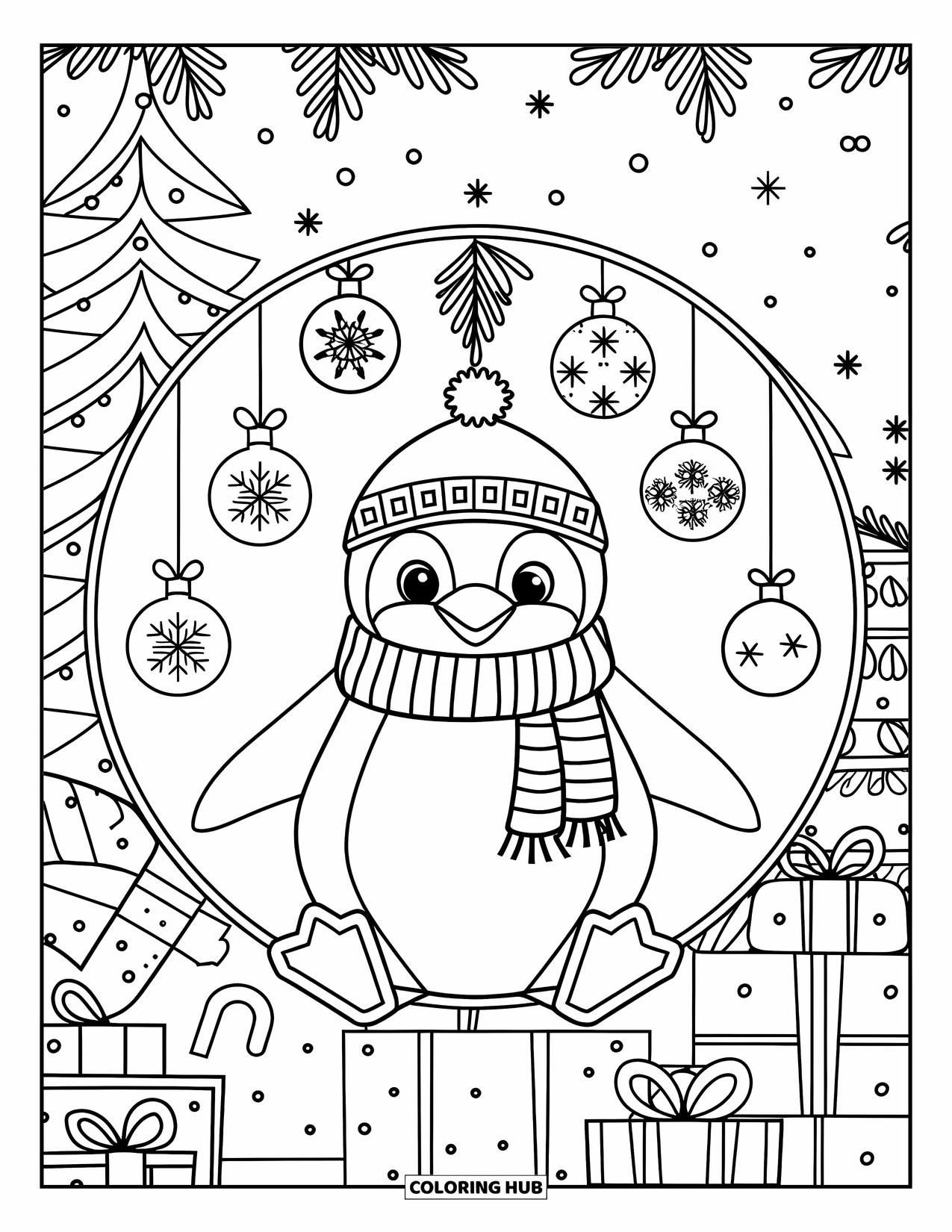 Christmas Penguin Coloring Page for Adults: A penguin in festive wear sits surrounded by ornaments and mistletoe