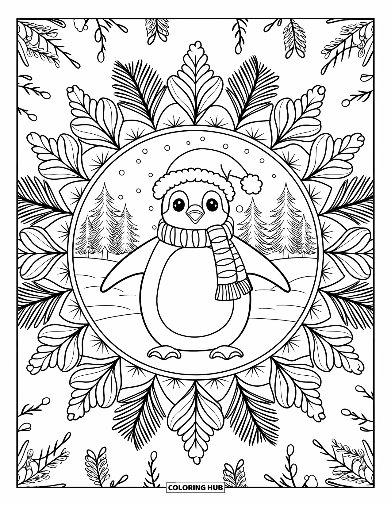 Christmas Penguin Coloring Page for Adults: A penguin in festive wear stands inside a pine leaf mandala