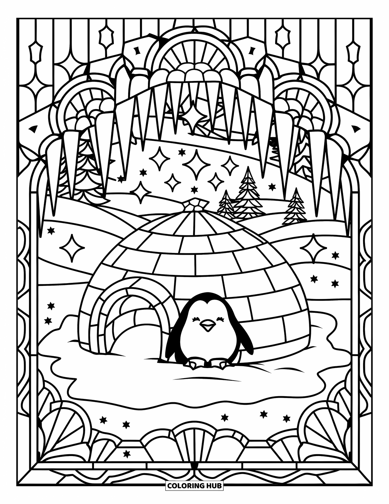 Christmas Penguin Coloring Page for Adults: A penguin rests by an igloo framed with snowy stained glass stars