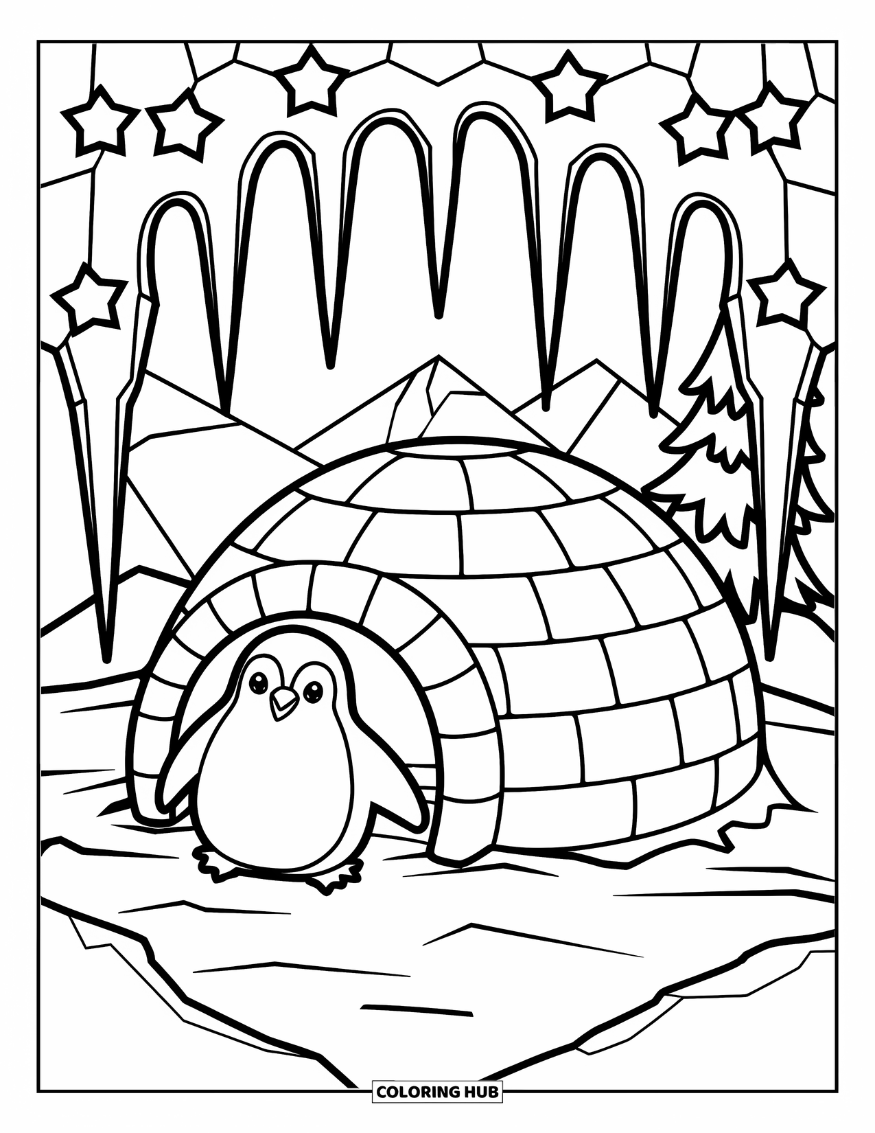 Christmas Penguin Coloring Page for Adults: A penguin rests near a tiny igloo framed with snowy stars