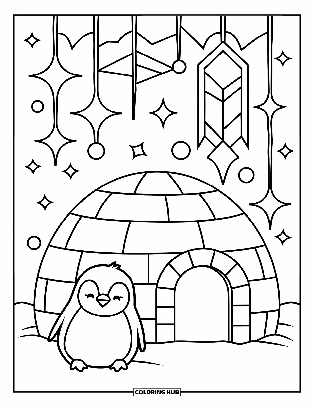 Christmas Penguin Coloring Page for Adults: A penguin sits near a small igloo under frosty stars