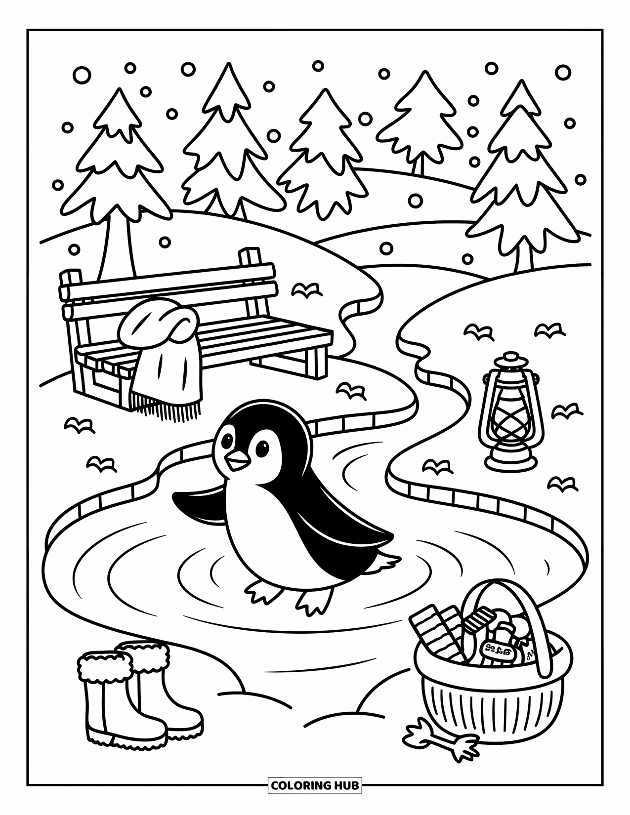 Christmas Penguin Coloring Page for Adults: A penguin skates on a frozen pond in a peaceful winter scene