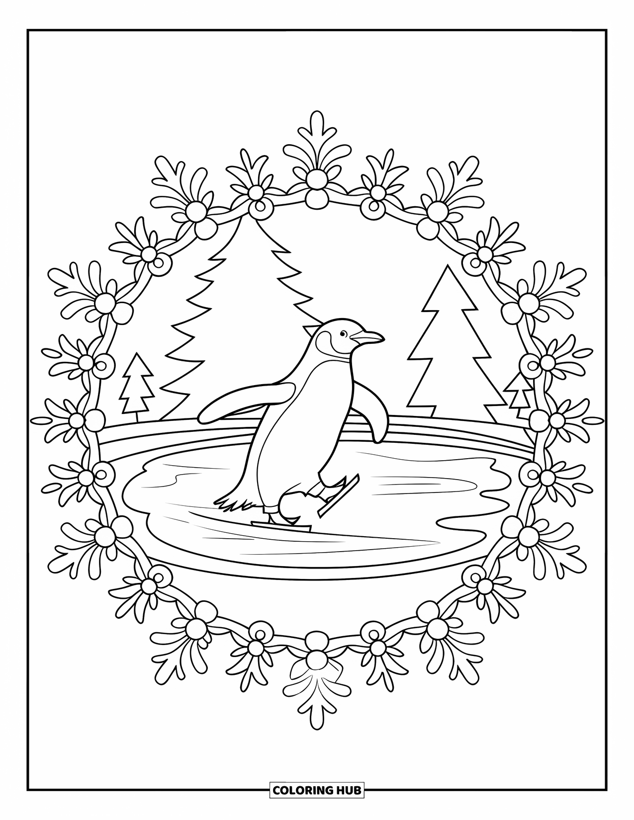 Christmas Penguin Coloring Page for Adults: A penguin skates on a pond with blossoms forming a mandala